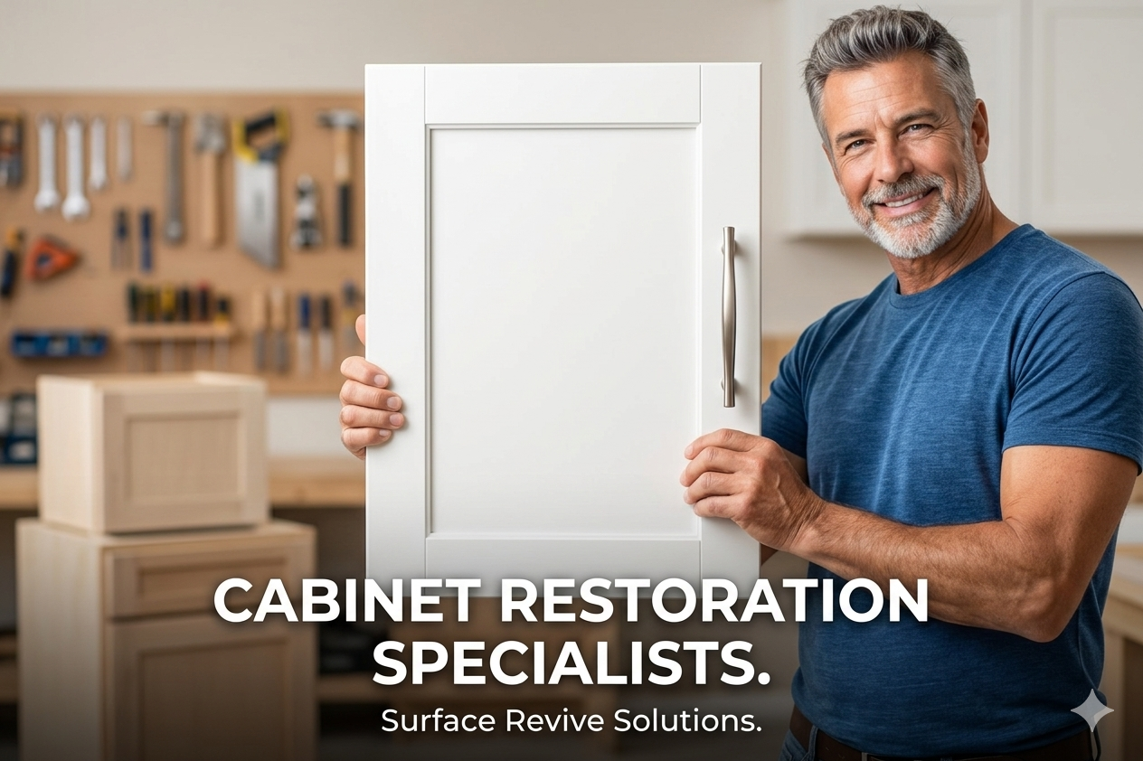 Tampa Cabinet Restoration Specialist holding shaker-style cabinet door - Surface Revive Solutions 813 area